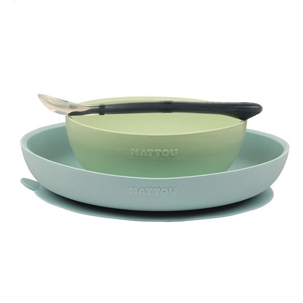 Nattou 3delige Eetset Siliconen Blauw/Groen - BezigeBijtjes