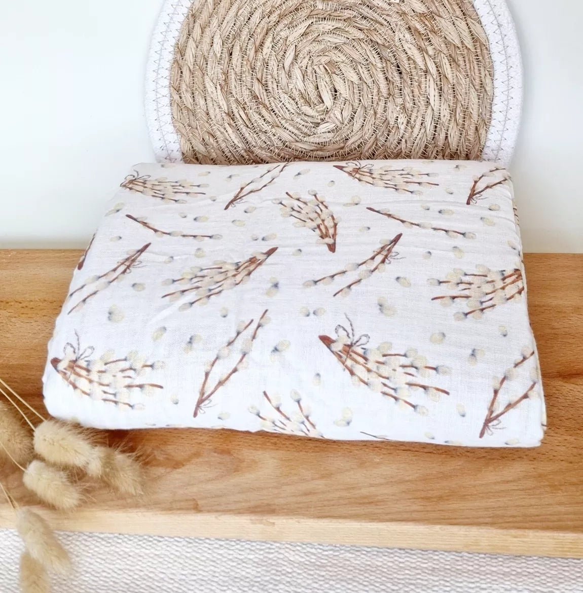 Rammelaartje Dekentje - Beige KatjesTakken - Oker Wafelpatroon - 100x 70 cm - BezigeBijtjes