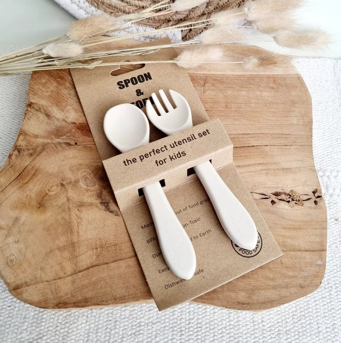 Rammelaartje Siliconen Set Vork en Lepel - Blauw/Grijs of Beige - BezigeBijtjes